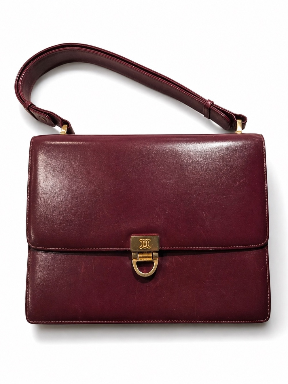 Vintage Celine Calf Leather Shoulder Bag with Gold-Tone Hardware | Bordeaux